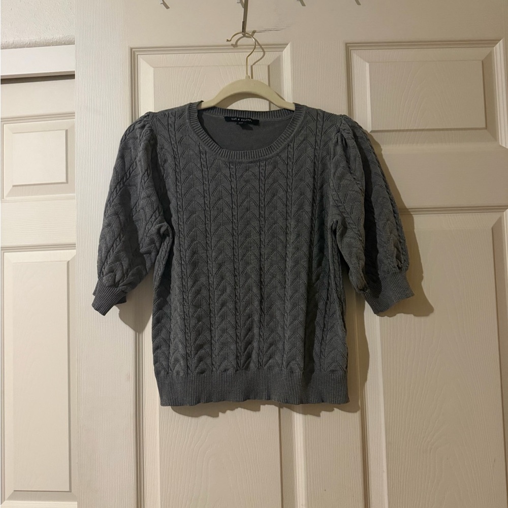 Grey Cable Knit Puff Sleeve Sweater